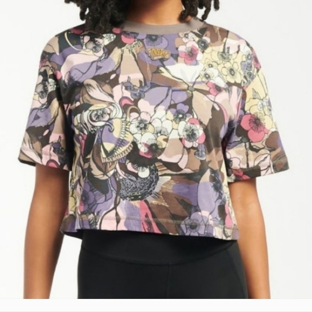 Nike Floral Abstract Crop Tee - Purple, Pink, Brown Small